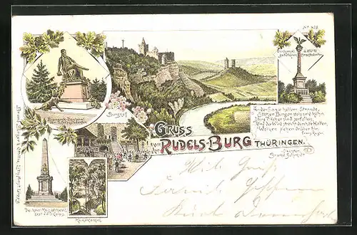 Lithographie Rudelsburg /Thürg., Gesamtansicht, Bismarck-Denkmal, Denkmal Kaiser Wilhelm I.