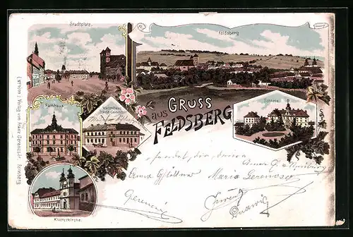 Lithographie Feldsberg, Warenhaus Franz Cerencser, Stadtplatz, Schloss