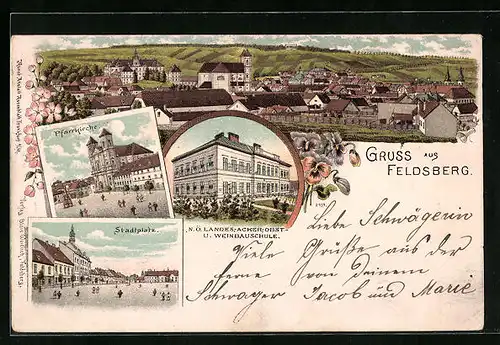 Lithographie Feldsberg, N. Ö. Landes-Acker-Obst- und Weinbauschule, Pfarrkirche