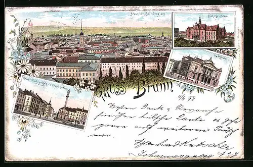 Lithographie Brünn / Brno, Deutsches Haus, Stadttheater, Grosser Platz gegen Krapfengasse