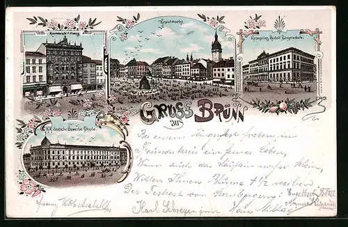 Lithographie Brünn / Brno, Komarek`s Haus, Krautmarkt, K. k. deutsche Gewerbe-Schule