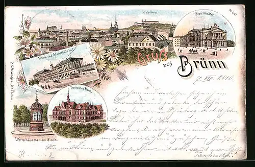 Lithographie Brünn / Brno, Nord- u. Staatsbahnhof, Deutsches Haus, Wetterhäuschen am Glacis
