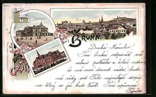 Lithographie Brünn / Brno, Stadttheater, Deutsches Haus, Panorama