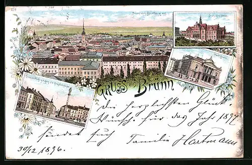 Lithographie Brünn / Brno, Stadttheater, Deutsches Haus, Grosser Platz mit Krapfengasse