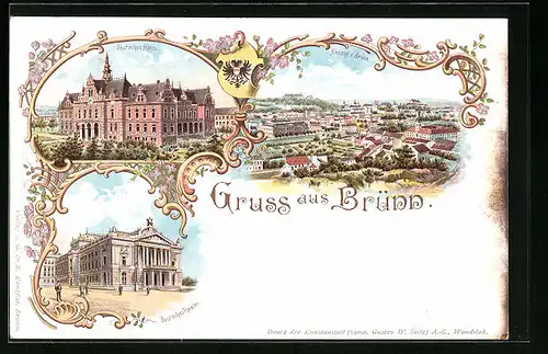 Lithographie Brünn / Brno, Deutsches Haus, Deutsches Theater, Totalansicht