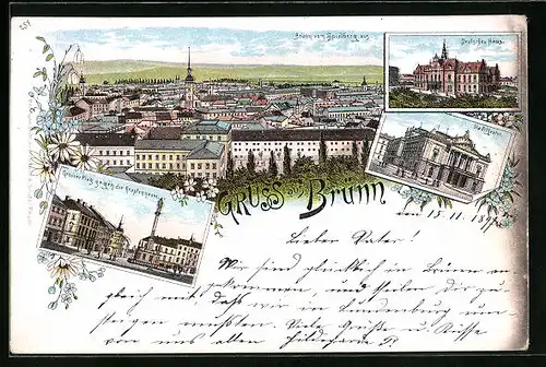 Lithographie Brünn / Brno, Stadttheater, Deutsches Haus, Grosser Platz mit Krapfengasse