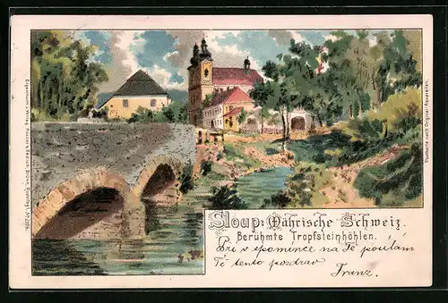 Lithographie Sloup, Brücke gegen Kirche