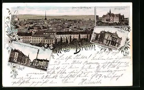 Lithographie Brünn / Brno, Grosser Platz gegen Krapfengasse, Stadttheater, Panorama