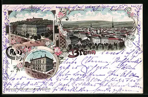 Lithographie Brünn / Brno, Gewerbe-Museum, Techn. Hochschule u. Spielberg, Panorama
