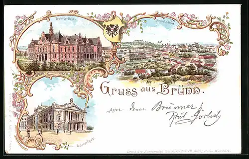 Lithographie Brünn / Brno, Deutsches Haus, Stadttheater, Panorama