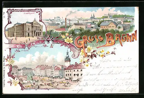 Lithographie Brünn / Brno, Krautmarkt, Stadttheater, Panorama
