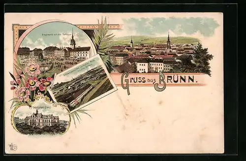 Lithographie Brünn / Brno, Deutsches Haus, Krautmarkt m. Rathaus, Totalansicht