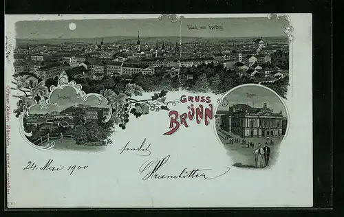 Mondschein-Lithographie Brünn / Brno, Theater, Spielberg, Panorama
