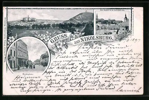 AK Nikolsburg, Teilansicht, Oberer Stadtplatz mit der Dreifaltigkeits-Säule, Marktplatz