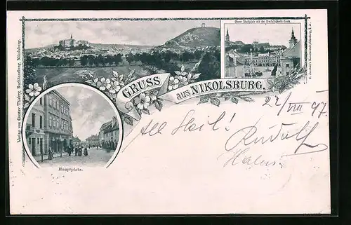 AK Nikolsburg, Teilansicht, Oberer Stadtplatz mit der Dreifaltigkeits-Säule, Hauptplatz