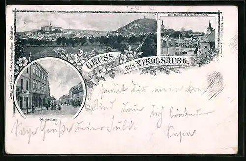 AK Nikolsburg, Teilansicht, Oberer Stadtplatz mit der Dreifaltigkeits-Säule, Hauptplatz