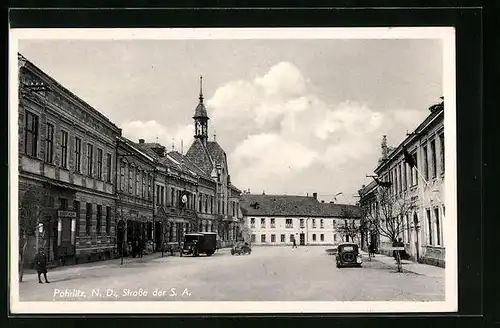 AK Pohrlitz /N.-D., Strasse der SA mit Geschäften