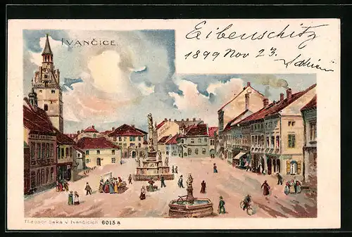 Künstler-AK Ivancice, Strassenpartie mit Hotel Zalozma und Denkmal