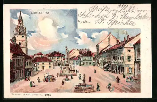 Künstler-AK Eibenschitz, Strassenpartie mit hotel Zalozma und Denkmal