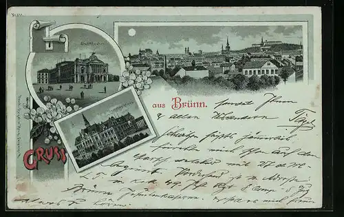 Mondschein-Lithographie Brünn / Brno, Teilansicht, Stadttheater, Deutsches Haus