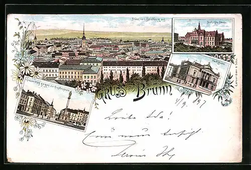 Lithographie Brünn / Brno, Stadttheater, Deutsches Haus, Grosser Platz gegen die Krapfengasse