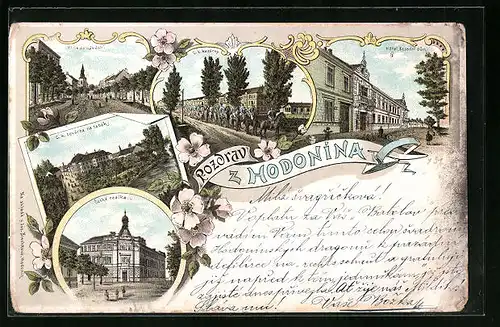 Lithographie Göding / Hodonin, C. k. kasárny, Ceská reálka, Hotel Besední dum