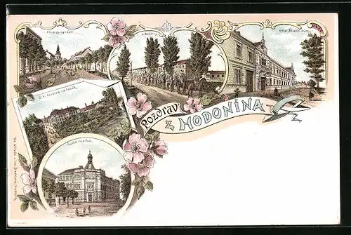 Lithographie Göding / Hodonin, C. k. kasárny, Hotel Besední dum, Ulice do námestí