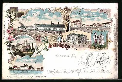 Lithographie Lundenburg, Bahnhof, Stadtplatz, Schule, Mühle, Schloss