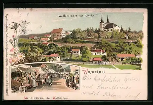 Lithographie Wranau, Wallfahrtsort mit Kirche, Markt