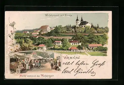 Lithographie Wranau, Wallfahrtsort mit Kirche, Markt