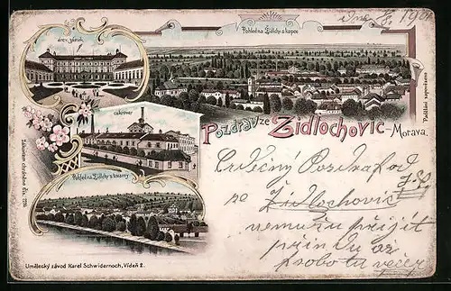 Lithographie Zdichlovice, Zámek, Pohled na Zídlchv s kopce, Cukrovar