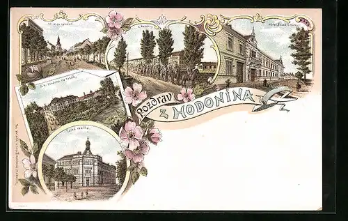 Lithographie Göding / Hodonin, Ulice do námestí, Hotel Besední dum, Ceská reálka