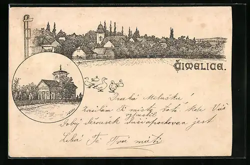 Lithographie Cimelice, Kostel, Panorama