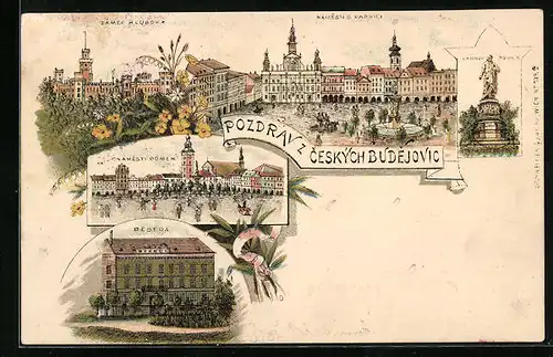 Lithographie Budweis / Ceske Budejovice, Namesti s radnici, Zamek Hluboka, Beseda