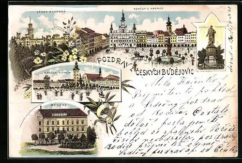 Lithographie Budweis / Ceske Budejovice, Namesti s radnici, Zamek Hluboka, Beseda