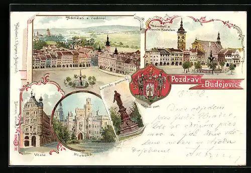 Lithographie Budweis / Ceske Budejovice, Namesti s radnici, Hluboka, Namesti s kostelem