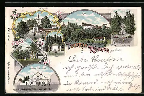 Lithographie Rimov, Zamecka restaurace, Sv. Hrob, Poutnicky kostel