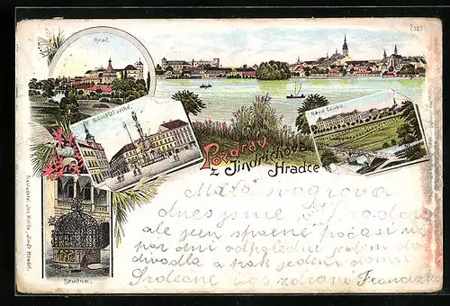 Lithographie Neuhaus / Jindrichuv Hradec, Namesti velke, Nova Tavka, Hrad, Studna