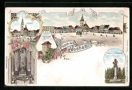 Lithographie Vodnany, Namesti, Socha sv. Jiri, Panorama
