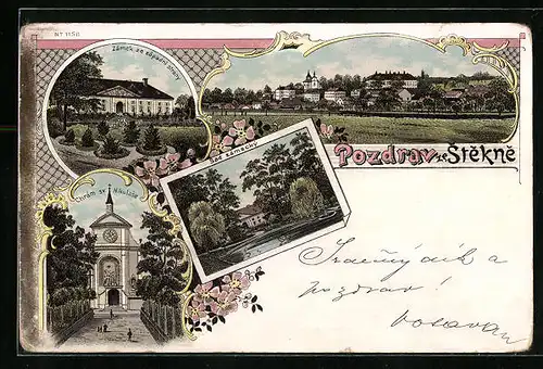 Lithographie Steken, Zamek ze zapadni strany, Chram sv. Mikulase, Panorama