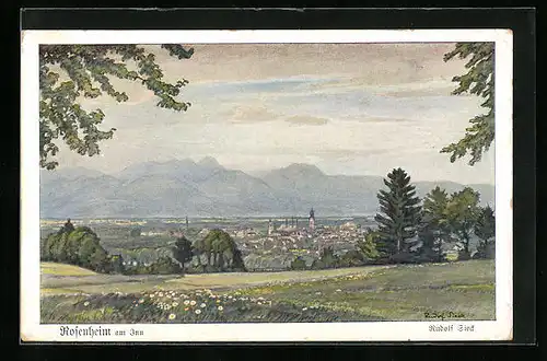 Künstler-AK Rosenheim am Inn, Blick auf den Ort und Gebirge