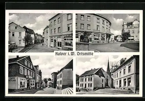 AK Halver i.W., Blick in die Ortsmitte, Café Weyland, Kirche, Strassen