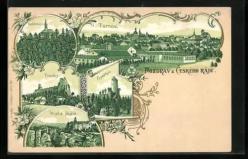 Lithographie Turnau / Turnov, Valdstejn, Trosky, Hrubá Skála, Frydstejn