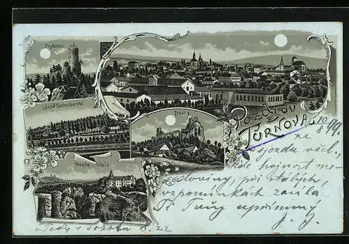 Mondschein-Lithographie Turnau / Turnov, Frydstein, Trosky, Hruba Skála
