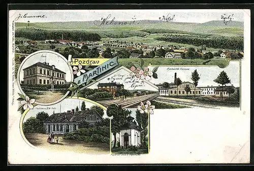 Lithographie Martinice, Skola. Hostinec na Bíte Hore, Nadrazi