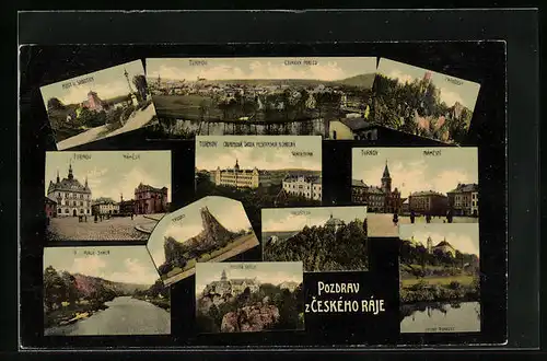 AK Turnau / Turnov, Námestí, Kost u Sobotky, Trosky, Panorama