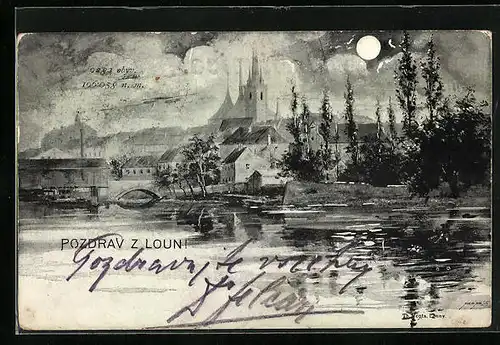 Mondschein-AK Laun / Louny, Kostel, Panorama