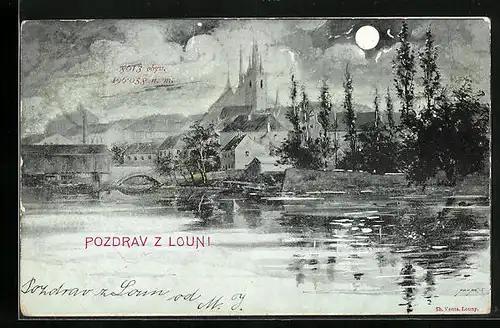 Mondschein-AK Laun / Louny, Panorama, Kostel