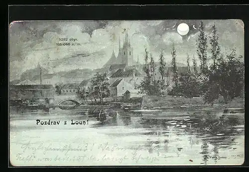Mondschein-AK Laun / Louny, Zamek, Kostel, Celkovy pohled