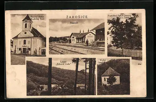 AK Zarosice, Nádrazi, Lázne Zdráva voda, Vodni kaplicka